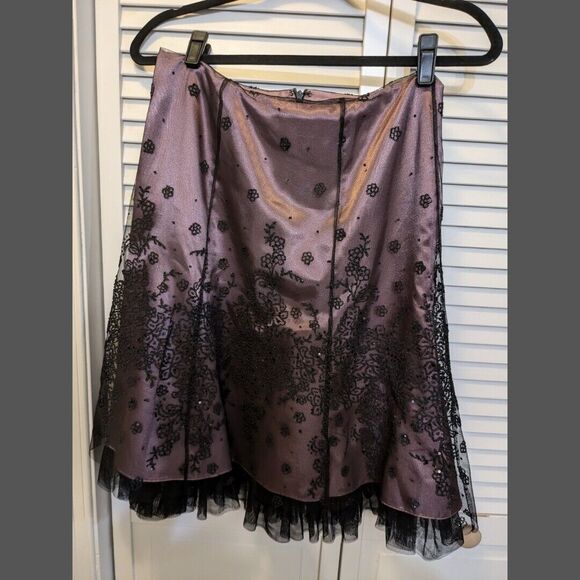Y2K Adrianna Papell Evening Essentials Black Purple Beaded Mesh & Satin Skirt 4 - Picture 1 of 4